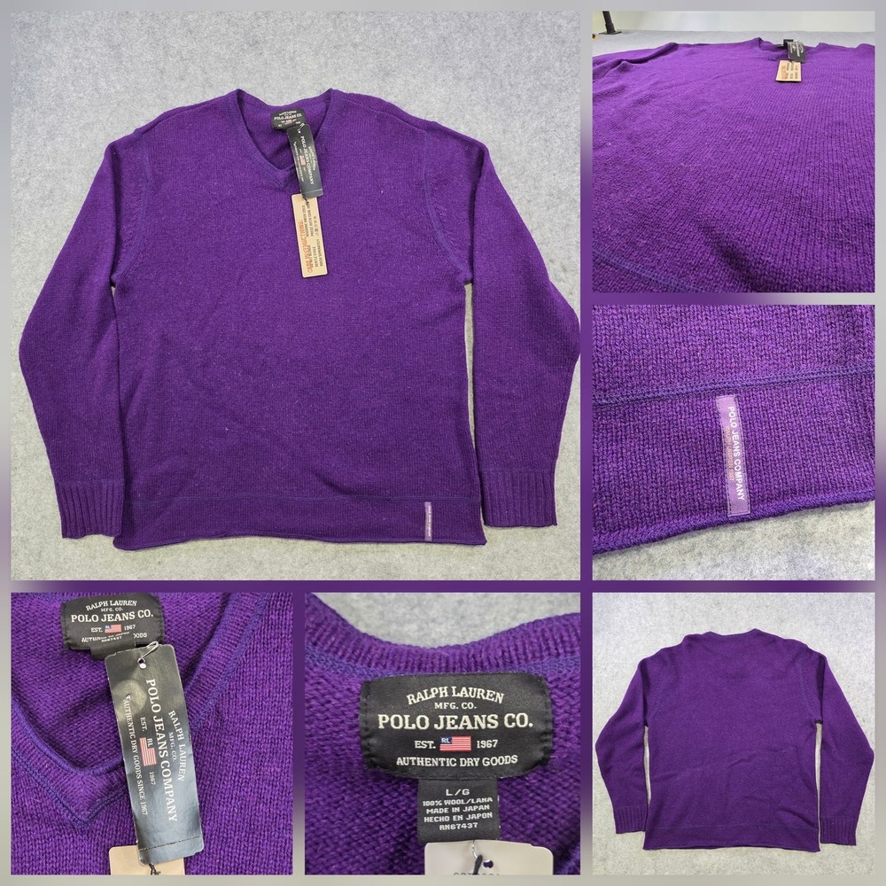 Vintage Polo Jeans Co‎ Sweater Mens Large Purple Wool V Neck Knit Pullover Japan